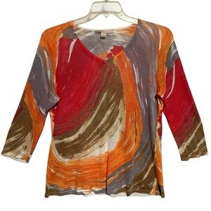 BELFORD XL Linen blend sweater V neck 3/4 sleeves orange gray white taupe red